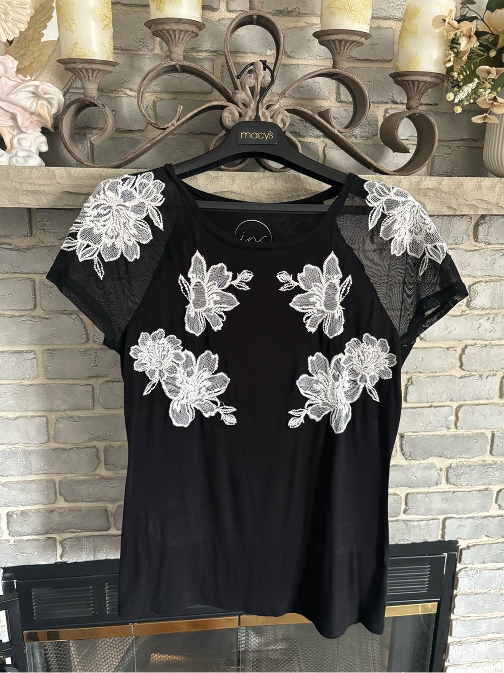 INC International Concepts Black Top with White Floral Embroidery